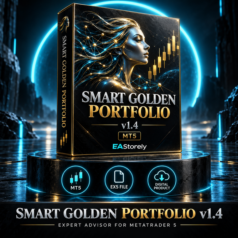 EAStorely Smart Golden Portfolio v1.4 MT5 EX5 edition — black and gold software box with a cyan neural portrait and blue halo